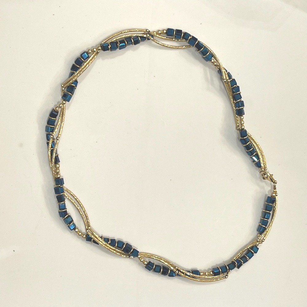 Gold Tone Twisted Multi Strand Necklace Blue Iridescent Cube‎ Beads Statement